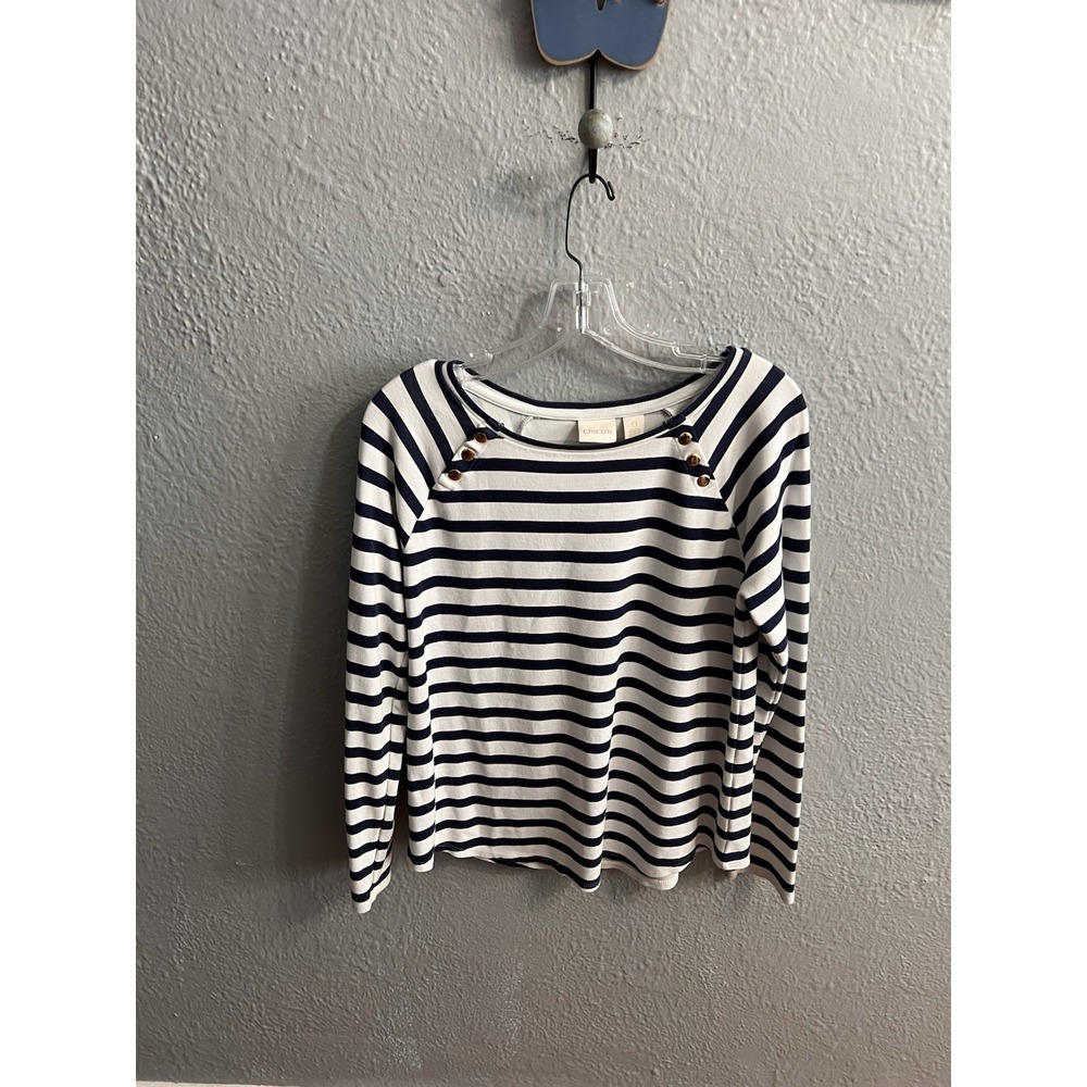 Chico's Size 0 White Blue Striped Long Sleeve Women Shirt